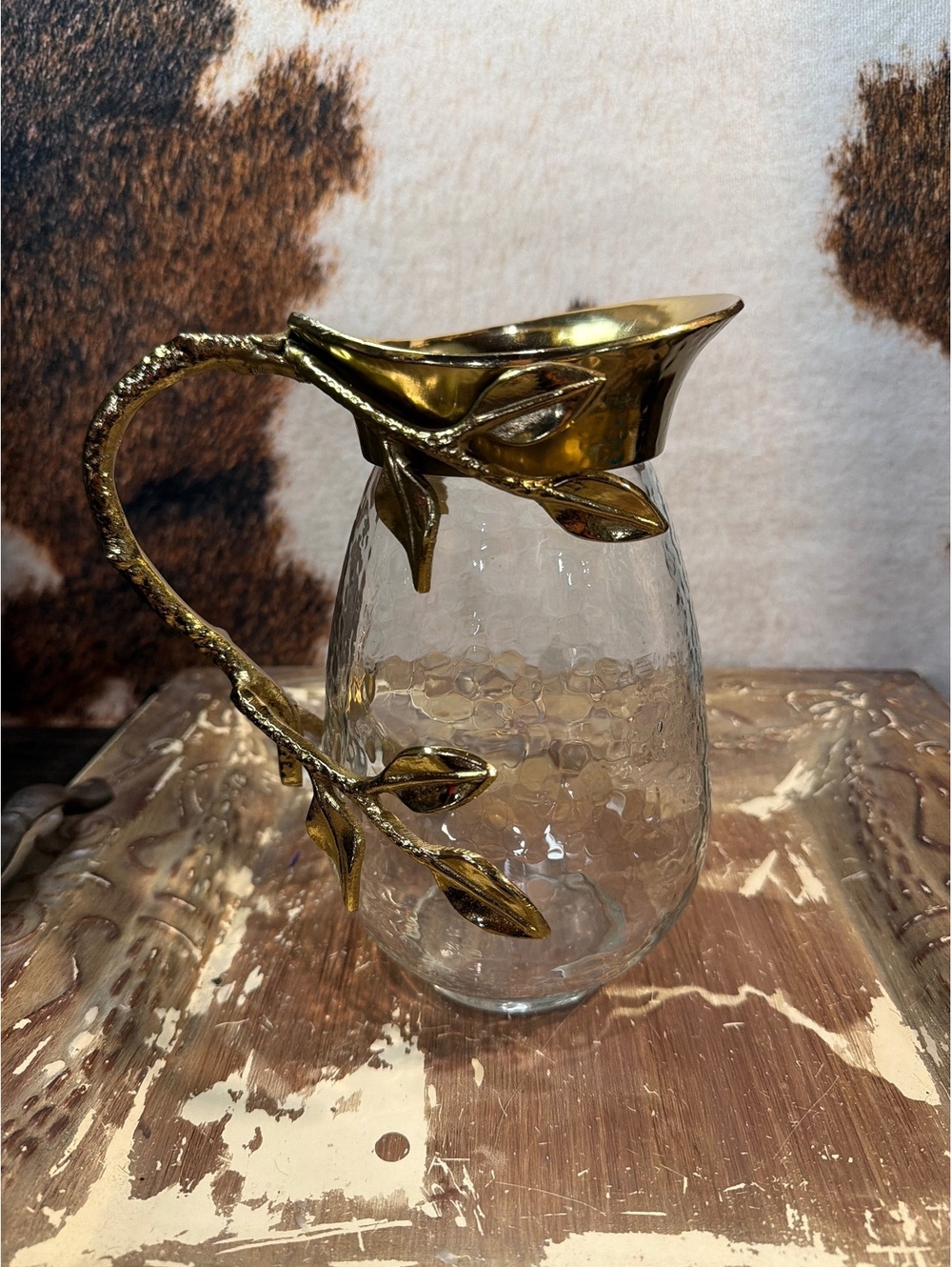 Vintage Glass Pitcher with Decorative Gold-Tone Leaf Handle